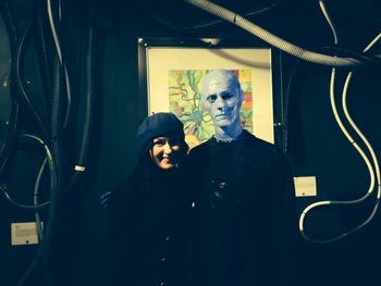 Elizabeth Geyer with a Blue Man. After picking her up from the airport, we saw Blue Man Group. They somehow got news of me attending and before the show they asked if I was seated yet (on the pre show digital screen thingy.)