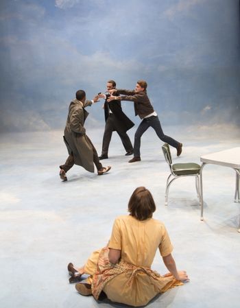 Christopher Cartmill's production of Schiller's LOVE AND INTRIGUE (Confrontation) With set by Matthew Crane, lights by Jason Flamos and costumes by Christianne Bakewell (David Pegram as Miller, John Keller as the Chancellor, Carter Bellaimey as Ferdinand and Nicole Spinnler as Frau Miller) photo by Matt Pilsner.