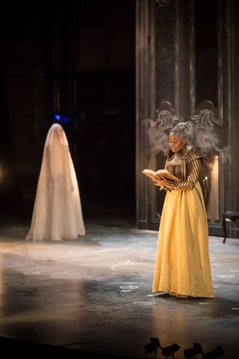 Christopher Cartmill's production of Goethe's Faust — King Solomon's Key Goethe's FAUST directed by Christopher Cartmill, set design by Bo Ra Kwan, costumes by Sarah Zinn and lighting design by Catherine Cusick — pictured Spirit (Isabel Renner) and Faust (Candace Taylor) photo by Matt Pilsner