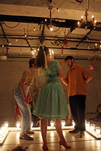 Christopher Cartmill's production of Lope de Vega's ACTING IS BELIEVING (LO FINGIDO VERDADERO) — R Set by Zach Sitrin, lights by Vici Chirumbolo and costumes by Mary Kutch. Pictured "Performing for the Emperor" Joe Lalumia as Pinabellus, Manon Steiglitz as Marcella and Mitch Bultman as Genesius (photo by Allegra Heart)