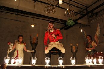 Christopher Cartmill's production of Aphra Behn's ACTING IS BELIEVING (LO FINGIDO VERDADERO) — P Set by Zach Sitrin, lights by Vici Chirumbolo and costumes by Mary Kutch. Pictured "The Wrath of the Emperor" (Kristin Kittel, Joe Lalumia and Brandon Flynn) (photo by Laura Sohn)