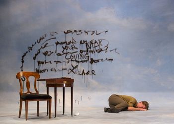 Christopher Cartmill's production of Schiller's LOVE AND INTRIGUE (Breakdown) Mason Gross School of the Arts production with set by Matthew Crane, lights by Jason Flamos and costumes by Christianne Bakewell (Carter Bellaimey as Ferdinand) photo by Matt Pilsner.