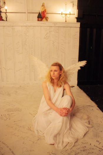 Christopher Cartmill's production of Lope de Vega's ACTING IS BELIEVING (LO FINGIDO VERDADERO) — S Set by Zach Sitrin, lights by Vici Chirumbolo and costumes by Mary Kutch. Pictured Jane Schumacher as the Angel (photo by Allegra Heart)