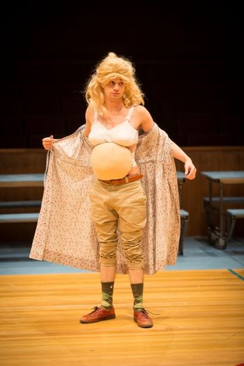 Aphra Behn's THE EMPEROR OF THE MOON directed by Christopher Cartmill (Harlequin Impersonates) Mason Gross School of the Arts with costumes by Taylor Pico, set by Bo Ra Kwan, lights by Nate Morgan (Fritz Eagleton as Harlequin) photo by Matt Pilsner.