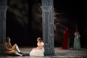 Christopher Cartmill's production of Goethe's Faust — In Martha's Garden Goethe's FAUST directed by Christopher Cartmill, set by Bo Ra Kwan, costumes by Sarah Zinn & lighting by Catherine Cusick — pictured Faust (Graham Poore), Gretchen (Magali Trench), Mephisto (Tim Bright) & Martha (Ashley Williams) photo by Matt Pilsner