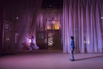 Christopher Cartmill's production of August Strindberg's A DREAM PLAY (Arrival) Andrea Gros (Indra's Daughter), Justin Withers (Indra) and Abishek Nair (Poet) in August Strindberg's A DREAM PLAY, directed by Christopher Cartmill with sets by Claudia Barragan, lights by Casandra Zeugin & costumes by Sarah Zinn (photo by Matt Pilsner).