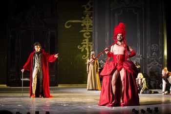 Christopher Cartmill's production of Goethe's Faust — I'm Just a Gentleman, Like Others of My Kind Goethe's FAUST directed by Christopher Cartmill, set by Bo Ra Kwan, costumes by Sarah Zinn and lighting by Catherine Cusick — pictured Mephistopheles (Timothy Bright), Faust (Candace Taylor) & the Witch (Matt Petrocelli) photo by Matt Pilsner