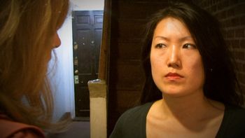 Betty (Weisi Li) asks Ellie (Jane Blass) for help — from the 48 Hour Film Project HER TUN OF TREA Written and co-directed by Christopher Cartmill