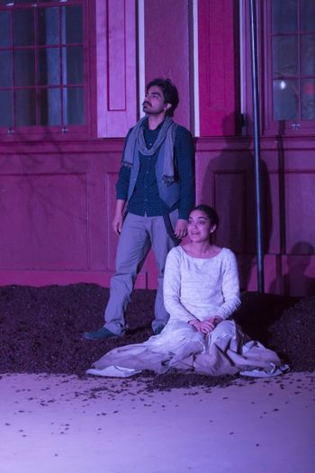 Christopher Cartmill's production of August Strindberg's A DREAM PLAY (The Cave) Camila Canó Flavío (Indra's Daughter) and Abishek Nair (Poet) in August Strindberg's A DREAM PLAY, directed by Christopher Cartmill with sets by Claudia Barragan, lights by Casandra Zeugin & costumes by Sarah Zinn (photo by Matt Pilsner).