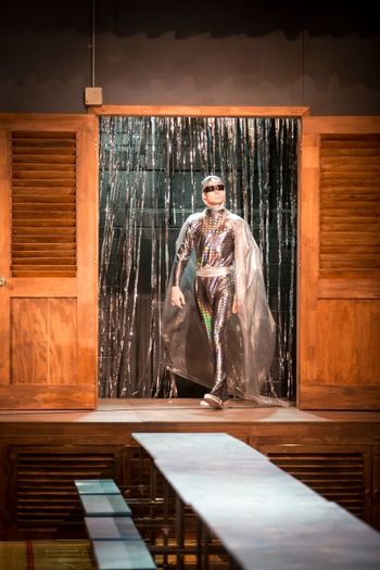 Aphra Behn's THE EMPEROR OF THE MOON directed by Christopher Cartmill (The Emperor Enters) Mason Gross School of the Arts with costumes by Taylor Pico, set by Bo Ra Kwan, lights by Nate Morgan (Miles McKinley as the Emperor of the Moon ) photo by Matt Pilsner.