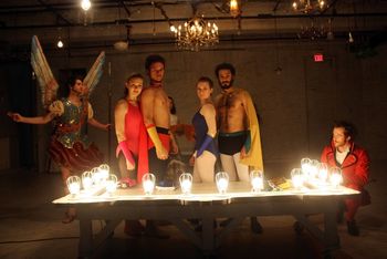 Christopher Cartmill's production of Lope de Vega's ACTING IS BELIEVING (LO FINGIDO VERDADERO) — B Set by Zach Sitrin, lights by Vici Chirumbolo and costumes by Mary Kutch. St. Michael (Brandon Flynn), Marcellus (Lindsay Andreanszky), Curius (Juan Arturo Villar-Ojito), Diocletian (Sarah Deaver), Maximian (César Joel Rosado) and the Devil (Sam Urdang)