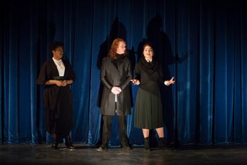 Christopher Cartmill's production of Goethe's Faust — Prelude on the Stage Goethe's FAUST directed by Christopher Cartmill, set design by Bo Ra Kwan, costumes by Sarah Zinn and lighting design by Catherine Cusick — pictured Director (Khandis Merritt), Clown (Gabe Kessler) and Poet (Leslie Roth) photo by Matt Pilsner