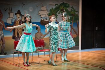 Christopher Cartmill's production of Aphra Behn's THE EMPEROR OF THE MOON Mason Gross School of the Arts with costumes by Taylor Pico, set by Bo Ra Kwan, lights by Nate Morgan (Katie Do as Elaria, Tasha Milkman as Dr. Baliardo and Maiah Rop as Bellamonte) photo by Matt Pilsner.