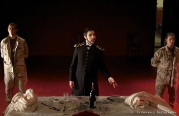 The Quartermaster in Christopher Cartmill's production of Goldoni's LA GUERRA Alejandro Cardozo (Poliodoro) with Avery Whitted (Carlo) and Nicole Spinnler (Carla)