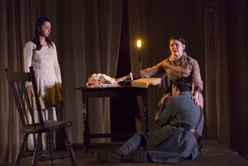 Christopher Cartmill's production of August Strindberg's A DREAM PLAY (Mother and Son) Hannah Hale (Indra's Daughter), Kaitlin Meade (Mother) and Jarrett Jung (Officer) in Strindberg's A DREAM PLAY with sets by Claudia Barragan, lights by Cassandra Zeugin and costumes by Sarah Zinn (photo by Matt Pilsner).