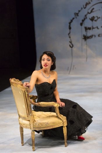 Christopher Cartmill's production of Schiller's LOVE AND INTRIGUE (Lady Milford's Farewell) Mason Gross School of the Arts production with set by Matthew Crane, lights by Jason Flamos and costumes by Christianne Bakewell (Shyrley Rodriguez as Lady Milford) photo by Matt Pilsner.