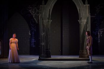 Christopher Cartmill's production of Goethe's Faust — Do You Believe in God? Goethe's FAUST directed by Christopher Cartmill, set design by Bo Ra Kwan, costumes by Sarah Zinn and lighting design by Catherine Cusick — pictured Gretchen (Magali Trench) and Faust (Graham Poore) photo by Matt Pilsner