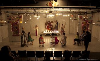 Christopher Cartmill's production of Aphra Behn's ACTING IS BELIEVING (LO FINGIDO VERDADERO) — Y Set by Zach Sitrin, lights by Vici Chirumbolo and costumes by Mary Kutch. Pictured "The Performance for Diocletian (photo by Vici Chirumbolot)