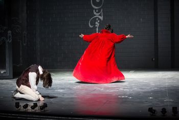 Christopher Cartmill's production of Goethe's Faust — Was it you or me? Goethe's FAUST directed by Christopher Cartmill, set design by Bo Ra Kwan, costumes by Sarah Zinn and lighting design by Catherine Cusick — pictured Faust (Graham Poore) and Mephistopheles (Timothy Bright) photo by Matt Pilsner