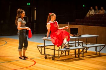 Aphra Behn's THE EMPEROR OF THE MOON directed by Christopher Cartmill (Mops and Elaria) Mason Gross School of the Arts with costumes by Taylor Pico, set by Bo Ra Kwan, lights by Nate Morgan (Delphin Meehan as Mopsaphi and Sydney Mitchell as Elaria) photo by Matt Pilsner.