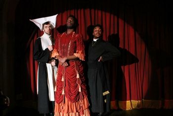 Sister Barbara (Cody Kostro), Septimia (Ademide Akintilo) and Brother Como (Elijah Coleman). George Sand's GABRIEL — Christopher Cartmill (director), Maximo Grano de Oro (lighting design), Sophie Philips-Roberst (costume design), Dave Mortelito (set design) photo by Allegra Heart