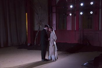 Christopher Cartmill's production of August Strindberg's A DREAM PLAY (Wedding) Joey Sponse (Lawyer) and Camila Canó Flavía (Daughter) in August Strindberg's A DREAM PLAY, directed by Christopher Cartmill with sets by Claudia Barragan, lights by Casandra Zeugin & costumes by Sarah Zinn (photo by Matt Pilsner).