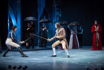 Christopher Cartmill's production of Goethe's Faust — Duel Goethe's FAUST directed by Christopher Cartmill, set design by Bo Ra Kwan, costumes by Sarah Zinn and lighting design by Catherine Cusick — pictured Valentine (Matisse Neal) and Faust (Graham Poore) photo by Matt Pilsner