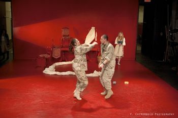 The Soldier's Antics in Christopher Cartmill's production of Goldoni's LA GUERRA Nicole Spinnler (Carla) and Avery Whitted (Carlo) with Allegra Heart (Lisette)