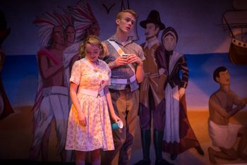 Aphra Behn's THE EMPEROR OF THE MOON directed by Christopher Cartmill (Florinda and Florindo) Mason Gross School of the Arts with costumes by Taylor Pico, set by Bo Ra Kwan, lights by Nate Morgan (Rebecca Mellinkoff as Florinda and Brett Temple as Florindo) photo by Matt Pilsner.