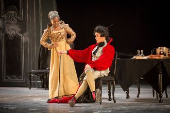 Christopher Cartmill's production of Goethe's Faust — Coming to Terms Goethe's FAUST directed by Christopher Cartmill, set design by Bo Ra Kwan, costumes by Sarah Zinn and lighting design by Catherine Cusick — pictured Faust (Candace Taylor) and Mephistopheles (Timothy Bright) photo by Matt Pilsner