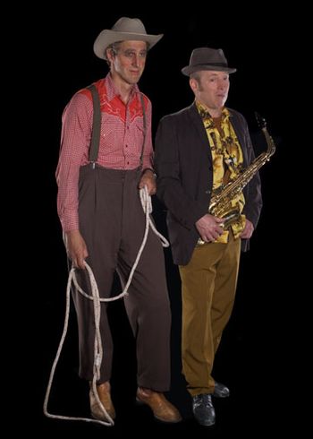 Shoehorn plays the cool music cues for Cowboy comedian Leapin' Louie Lichtenstein sometimes! On sax, harmonica, tap, percussion, & keyboards.
