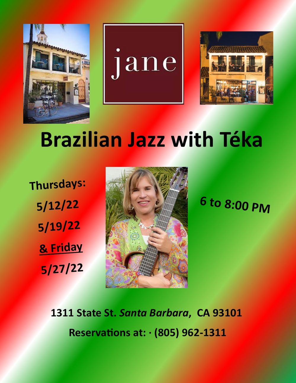 Hope to see you! Great American cuisine, great ambiance, friendly staff and of course, great Brazilian Jazz!