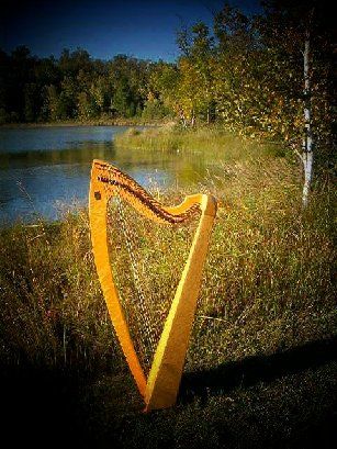 Francesca Reuben's Steen harp made by Stephen Green, by the lake in Northern, MN with birch tree in the background