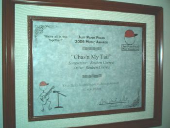This is the Certificate for 6th place in the JPF 2006 Music Awards that Reuben received in Santa Ana, CA. USA. for Chas'n My Tail from the OUR BEAUTIFUL BABY cd. Hear the song by clicking the hi / lo