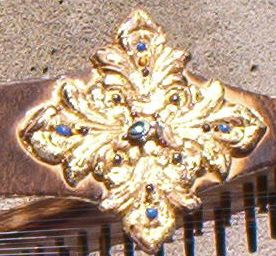 "Friendly's" jeweled gold leaf medallion using semi-precious gems and stones, Lapis Lazuli, Tigereye, Amethyst, Garnet, Peacock pearls & Blue Topaz.