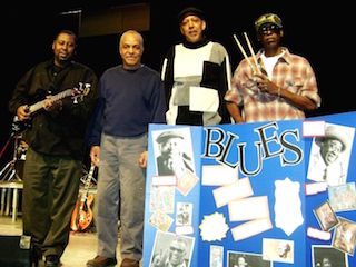 AntiochILHighScHarringtonsTaylors2009_1 Eddie Jr.(left) and Larry Taylor (right) join the Harrington bros. Joe and Vernon in a blues education assembly in Antioch, IL 2009