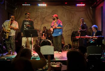BAND at Fitzgeralds : Hawk sax, Ice Mike guitar, Tim Taylor drums, Abraham bass, Barrelhouse Bonni keys. June 2022. Photo Howard Greenblatt