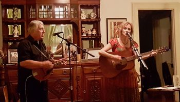 Greg provides backup at the Sally Barris Concert, King George Inn B & B, Roanoke, VA (Photo by Kathy Acosta)