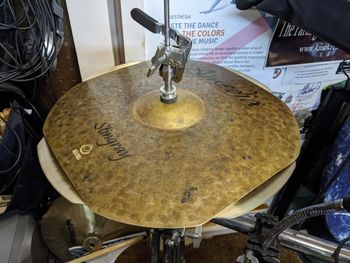 14" Custom Square Stingray Hi Hat View 2 position occurs when cymbals shift as your playing them. Adds yet another layer of texture