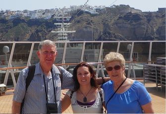 Allison and Grandparents in Santorini Harbor