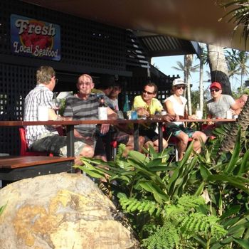 Fish Bar Mission Beach a few local characters Brendo (left) chattin with Scottish Dougie and Johno (yellow tshirt)