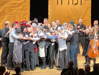 Group hug on closing night with the cast of "Fiddler on the Roof" in Yiddish and our director, Joel Grey
