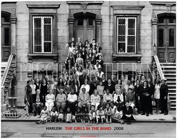 "Another Great Day in Harlem" Jazz Women in NYC for "Girls in the Band" documentary So, where's Waldron ??? Look just beneath the "B" in band, just slightly to the left of it ... turns out this is just about where Monk stood in the original Day in Harlem shot!