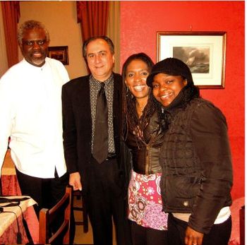2009 Italy Tour - Mala Waldron Band Dinner after the concert in Sicily, Italy (Feb 2009) Pictured: Michael T.A. Thompson, Steve Salerno, Mala Waldron & Miriam Sullivan (aka Mimi Jones)