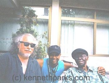 Kenny with Bob Margolin and the legendary Pinetop Perkins in front of the Unione Hotel in Bellinzona, Switzerland (2005)