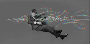 a black and white image of a man in a suit knocked off his feet as he is shot through with an arrow of undecipherable words with a hint of color