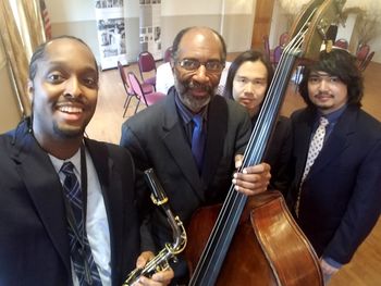 Feb. 25, 2018 - Selfie: CBJ Quartet @ Bayside Historical Society (Annual Sunday Jazz Brunch) From Left to Right: Carl Bartlett, Jr. (saxophonist), Marcus McLaurine (bassist), Hiroyuki Matsuura (drummer), and Julius Chen (pianist)