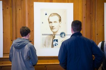 Students admire the Karski exhibit https://manhattan.edu/news/holocaust-genocide-and-interfaith-education-center-host-jan-karski-exhibit
