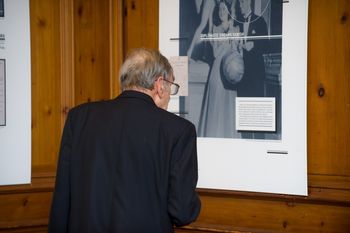 Former Director Schweitzer admiring "The World Knew: Jan Karski's Mission for Humanity" https://manhattan.edu/news/holocaust-genocide-and-interfaith-education-center-host-jan-karski-exhibit