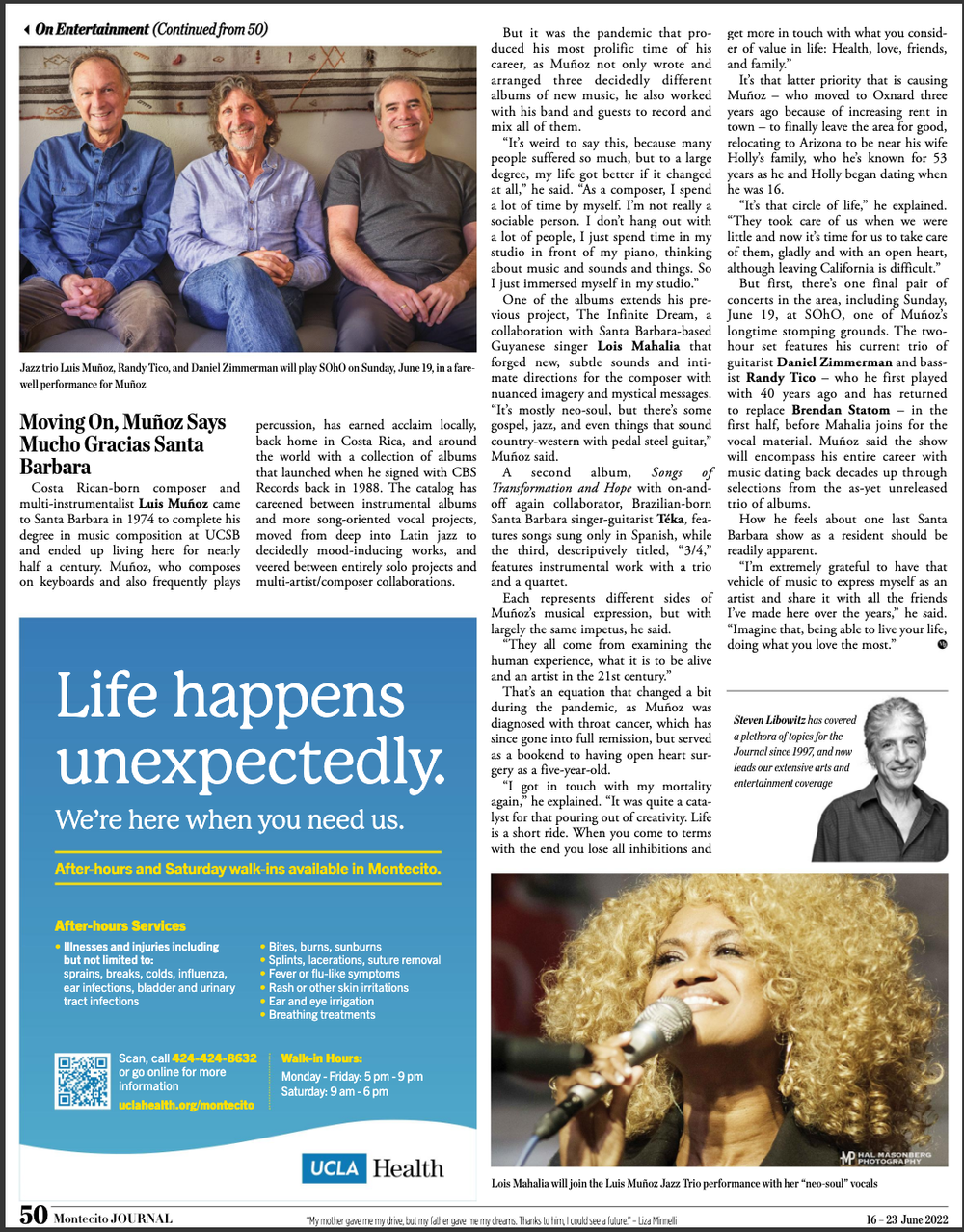 One page article in this week's Montecito Journal about our Santa Barbara farewell performance at Soho SB this Sunday 6/19/22 at 7:30 PM